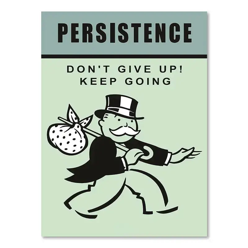Decorbites monopoly millionaire cartoon canvas wall art with a black and white top hat man and green dollar money poster