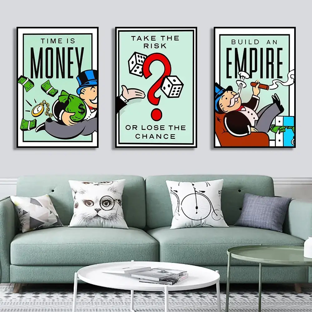 Three framed monopoly millionaire wall art posters with bold black text and cartoon dice on light mint canvas backgrounds