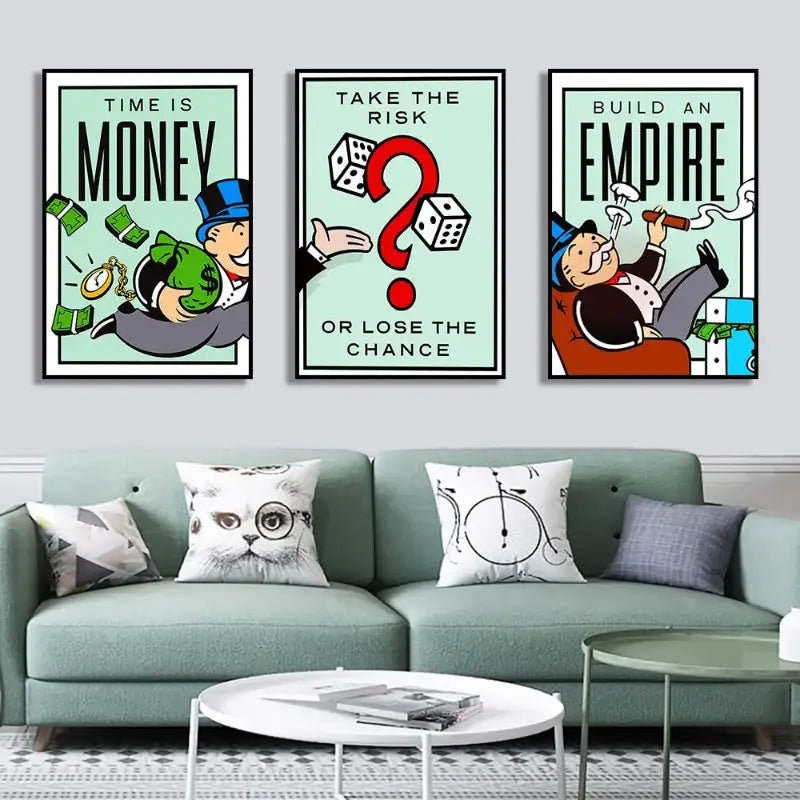 Three framed monopoly millionaire wall art posters with cartoon characters and dice on light mint canvas backgrounds