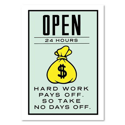 Decorbites™ monopoly millionaire cartoon canvas wall art featuring a yellow money bag dollar money poster on mint green