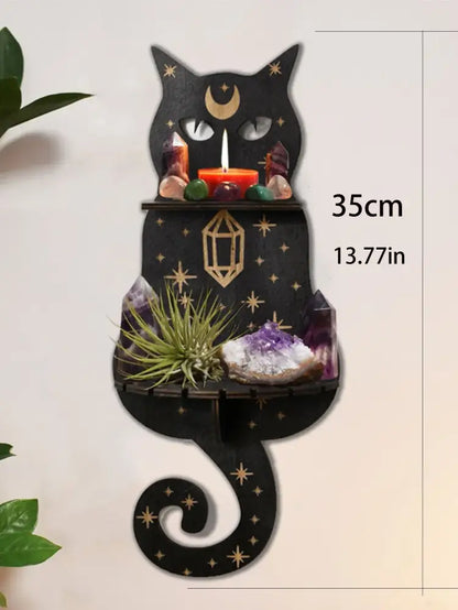 DecorBites™ moon phase black cat wooden shelf with gold star and crescent accents, two tiers for crystals and candle