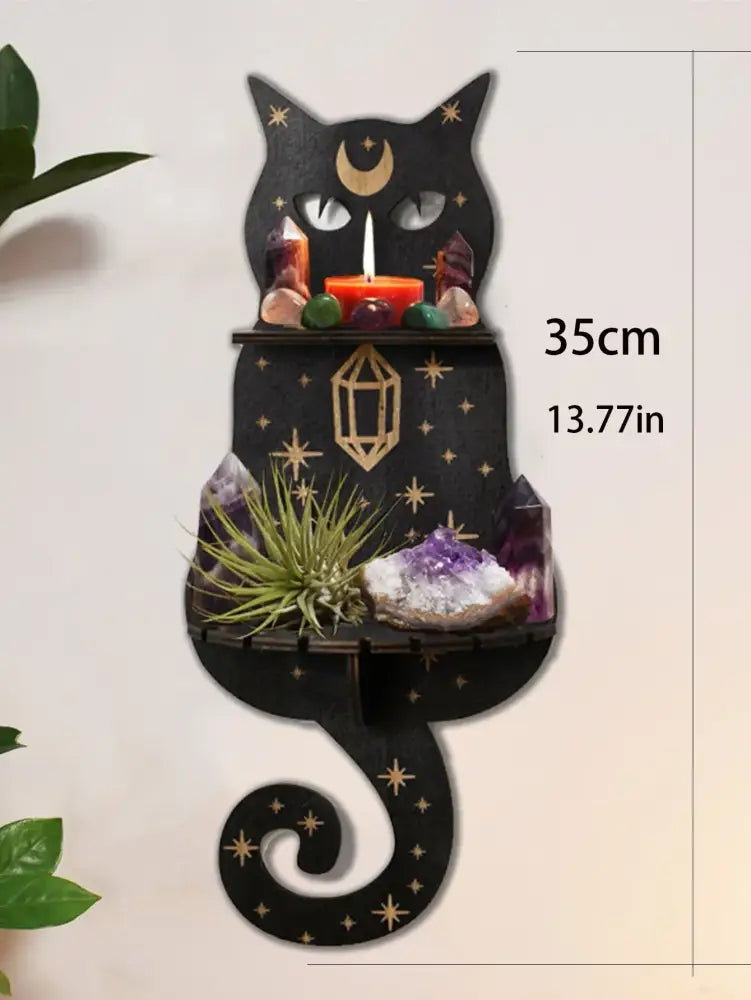 DecorBites™ moon phase black cat wooden shelf with gold star and crescent accents, two tiers for crystals and candle