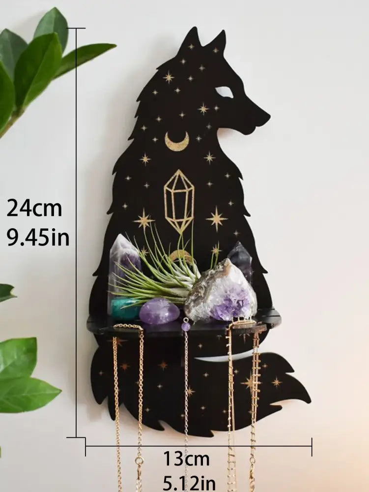 Decorbites™ moon phase black cat wooden shelf shaped like a black wolf with gold star moon motifs holding crystals and plants