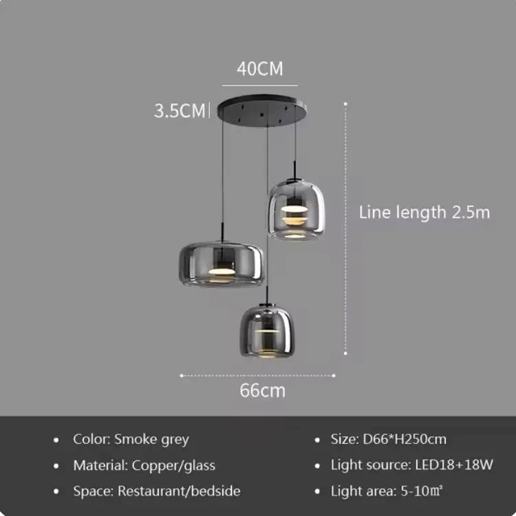 DecorBites™ modern nordic pendant light with smoke grey copper and glass three tiered bell-shaped shades