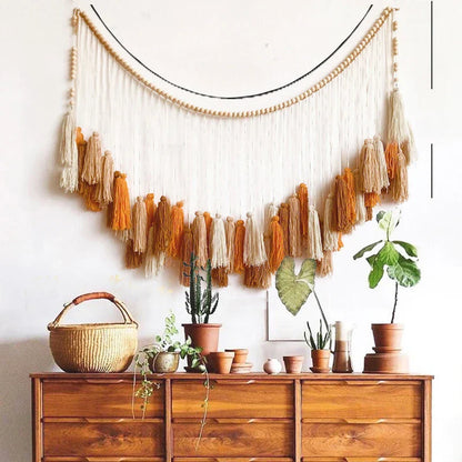 Beige and orange macrame wall decor tapestry with wooden beads and tassels for moroccan bohemian wall decor