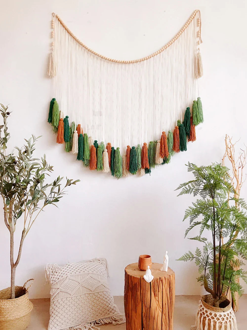 DecorBites moroccan bohemian wall macrame tapestry with curved top, white yarn strands, and green orange beige tassels