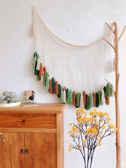 Decorbites moroccan bohemian wall decor tapestry macrame with cream green terracotta tassels on wooden bead frame
