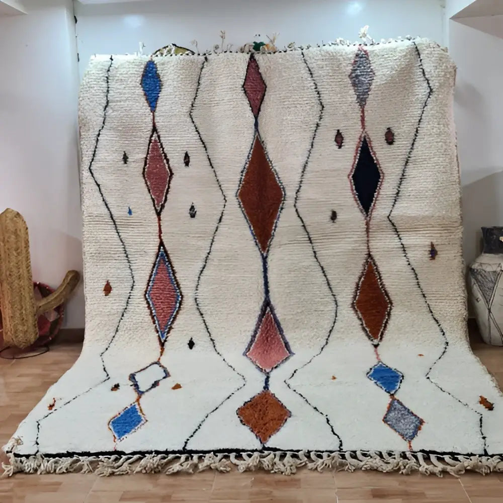 Cream-colored decorbites™ moroccan handmade beni ouarain rug with blue rust black and gray geometric diamond patterns 3m x 2m