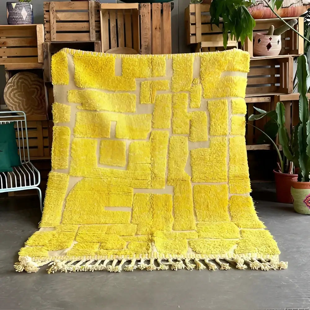Vibrant yellow moroccan handmade beni ouarain rug with plush texture and cream geometric patterns 3m x 2m by decorbites