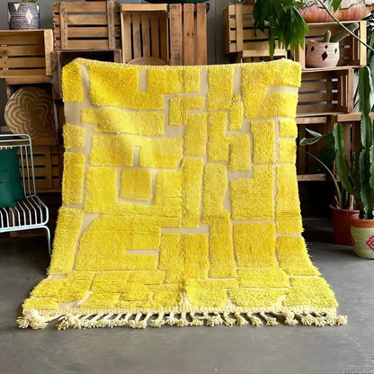 Vibrant yellow moroccan handmade beni ouarain rug with plush texture and cream geometric patterns 3m x 2m by decorbites