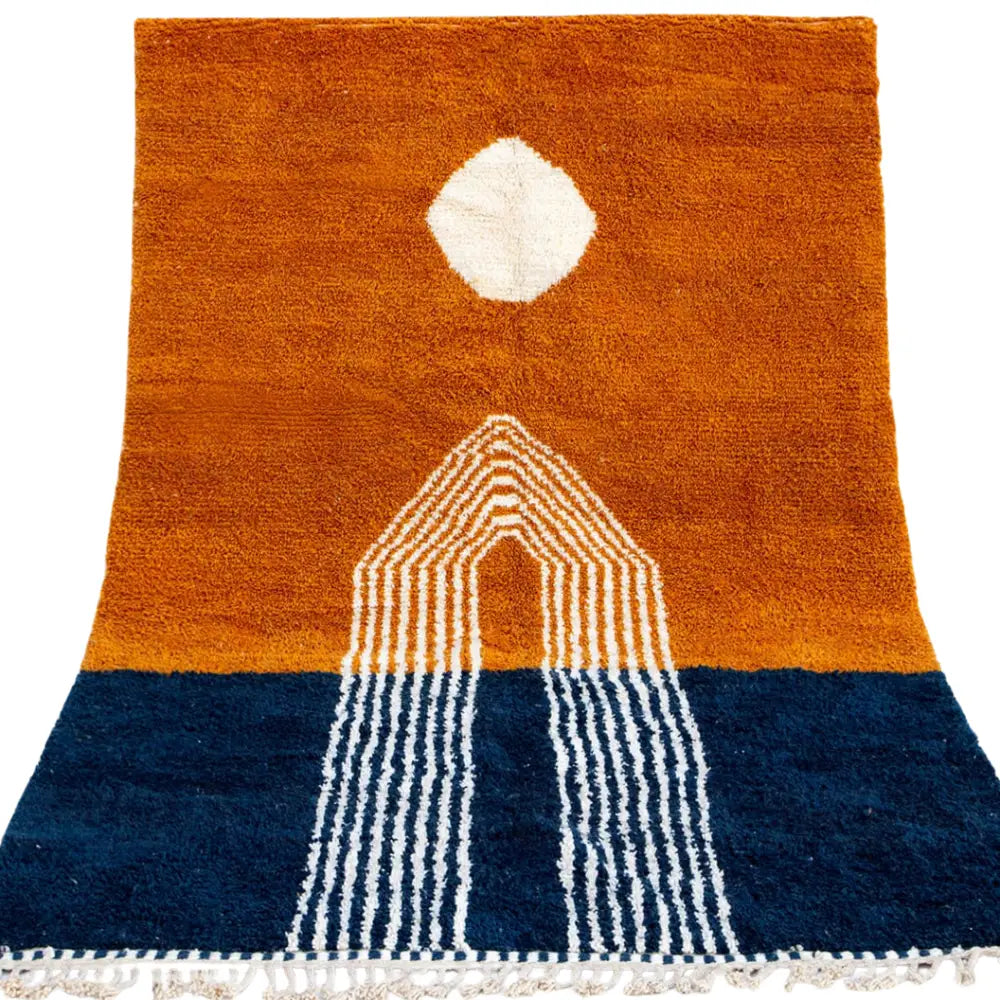Decorbites™ moroccan handmade beni ouarain rug with plush hand-knotted texture orange and navy archway design