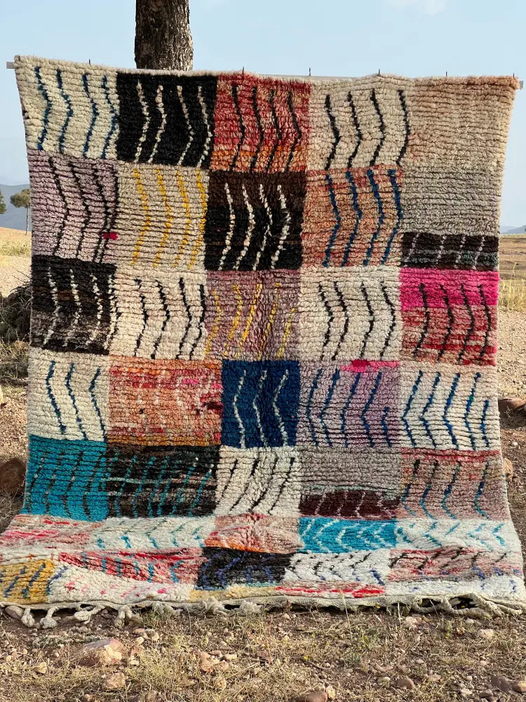 Colorful moroccan handmade boujaad rug decorbites™ 3m x 2m with bold geometric patchwork in black white pink blue and earthy tones