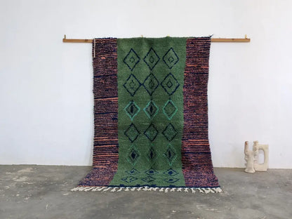 Green moroccan handmade decorbites™ azilal rug with geometric teal and navy patterns in pure natural wool