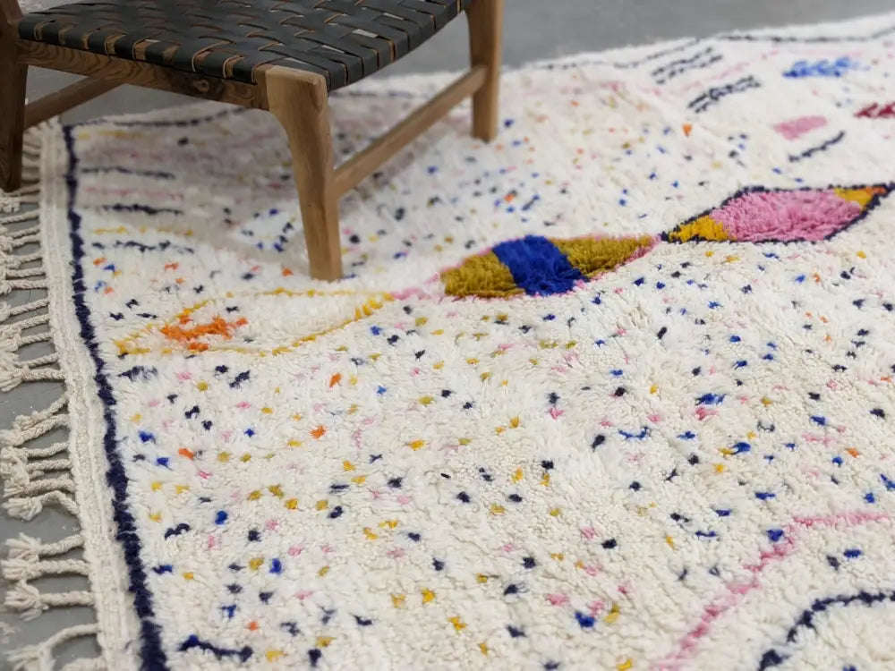 DecorBites™ moroccan handmade traditional azilal rug 246 x 166 cm with fluffy white base and colorful geometric patterns