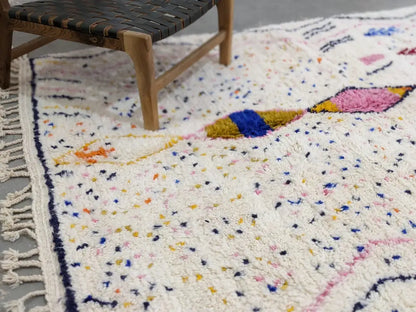 DecorBites™ moroccan handmade traditional azilal rug 246 x 166 cm with fluffy white base and colorful geometric patterns