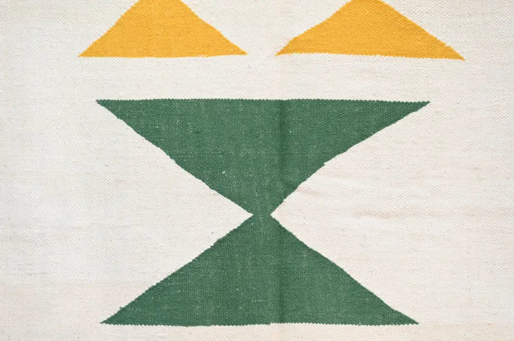 DecorBites™ moroccan handmade traditional azilal rug 258 x 143 cm with geometric yellow and green triangles on off-white