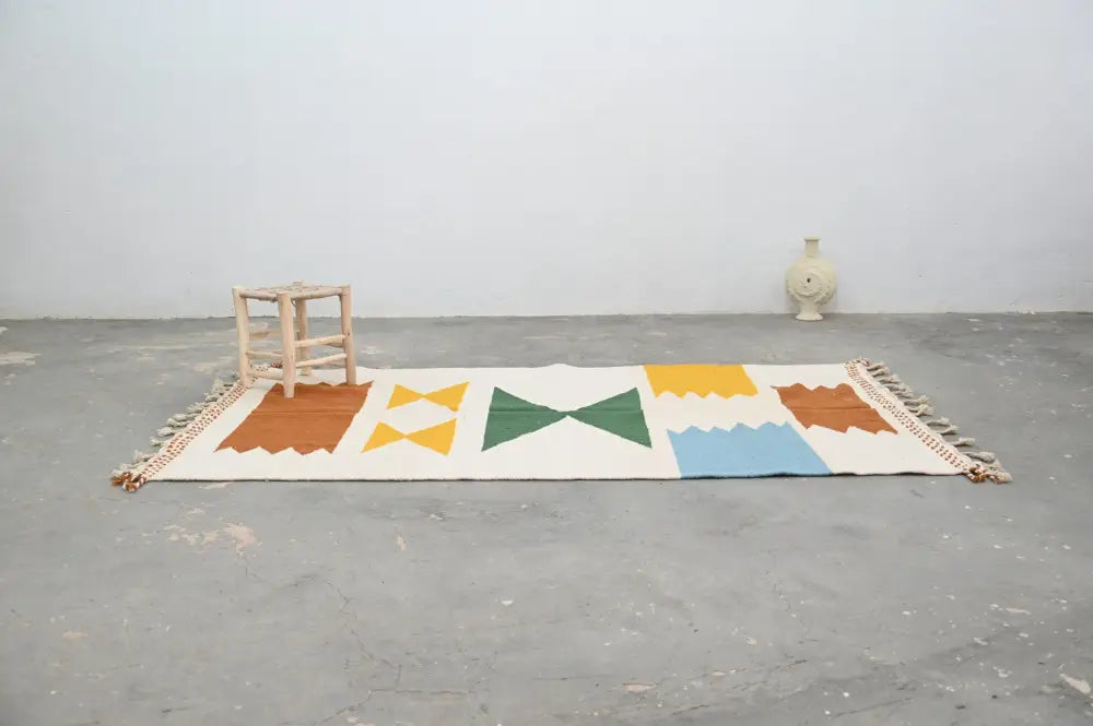 DecorBites™ moroccan handmade traditional azilal rug with geometric patterns and colorful blocks in cream and tassels