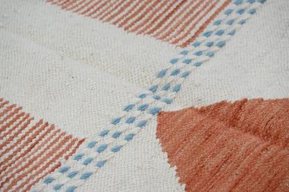 Decorbites™ moroccan handmade traditional azilal rug 260 x 141 cm with textured woven geometric patterns in cream terracotta and light blue