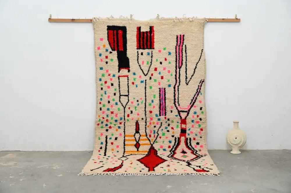Beige decorbites™ moroccan handmade traditional azilal rug with abstract red black pink green and yellow geometric patterns