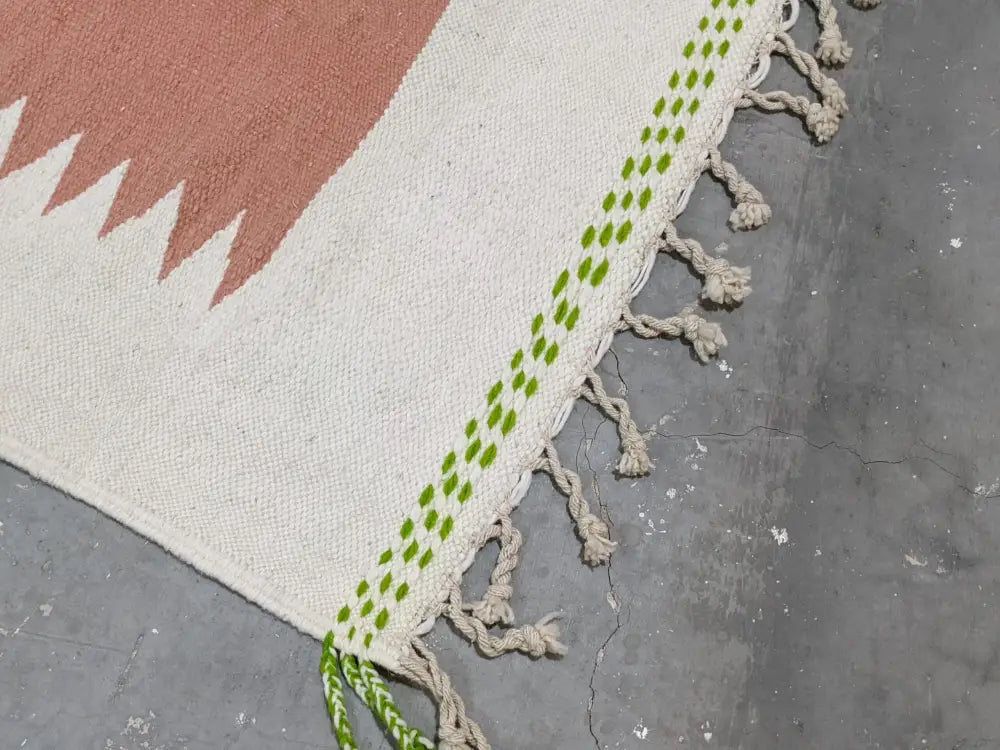 DecorBites™ moroccan handmade traditional azilal rug in cream with terracotta triangles and green diamond accents