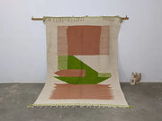 Beige moroccan handmade traditional azilal rug with terracotta and olive geometric patterns and fringed edges 300 x 196 cm