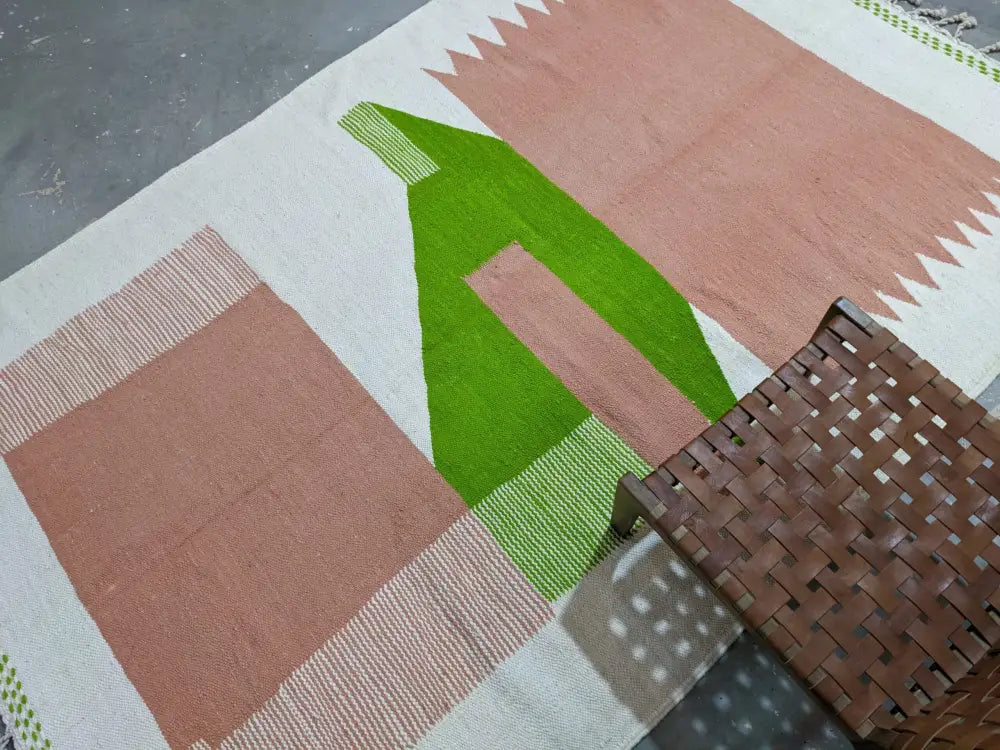 DecorBites™ moroccan handmade traditional azilal rug with white base and bold dusty rose and vibrant green geometric blocks