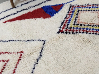Decorbites™ moroccan handmade traditional azilal rug 300 x 200 cm with plush white base and red blue black geometric patterns