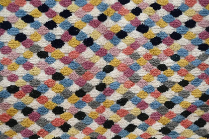 DecorBites™ moroccan handmade traditional azilal rug with colorful raised fuzzy hexagons in pink blue yellow black and gray