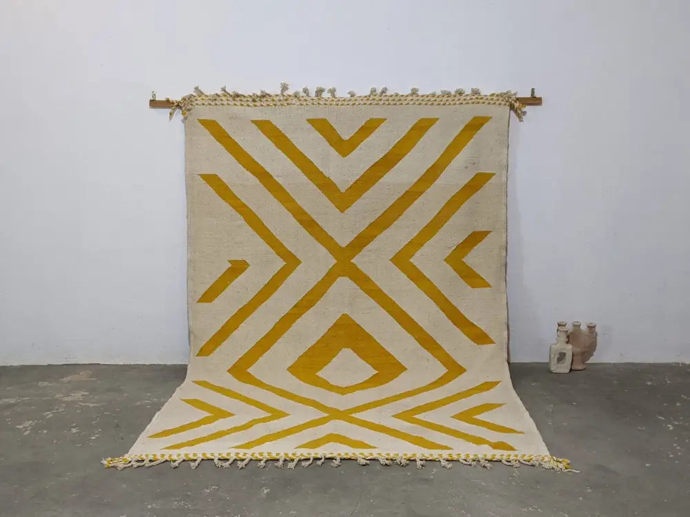 DecorBites™ moroccan handmade traditional azilal rug with cream base mustard-yellow geometric patterns and fringed edges