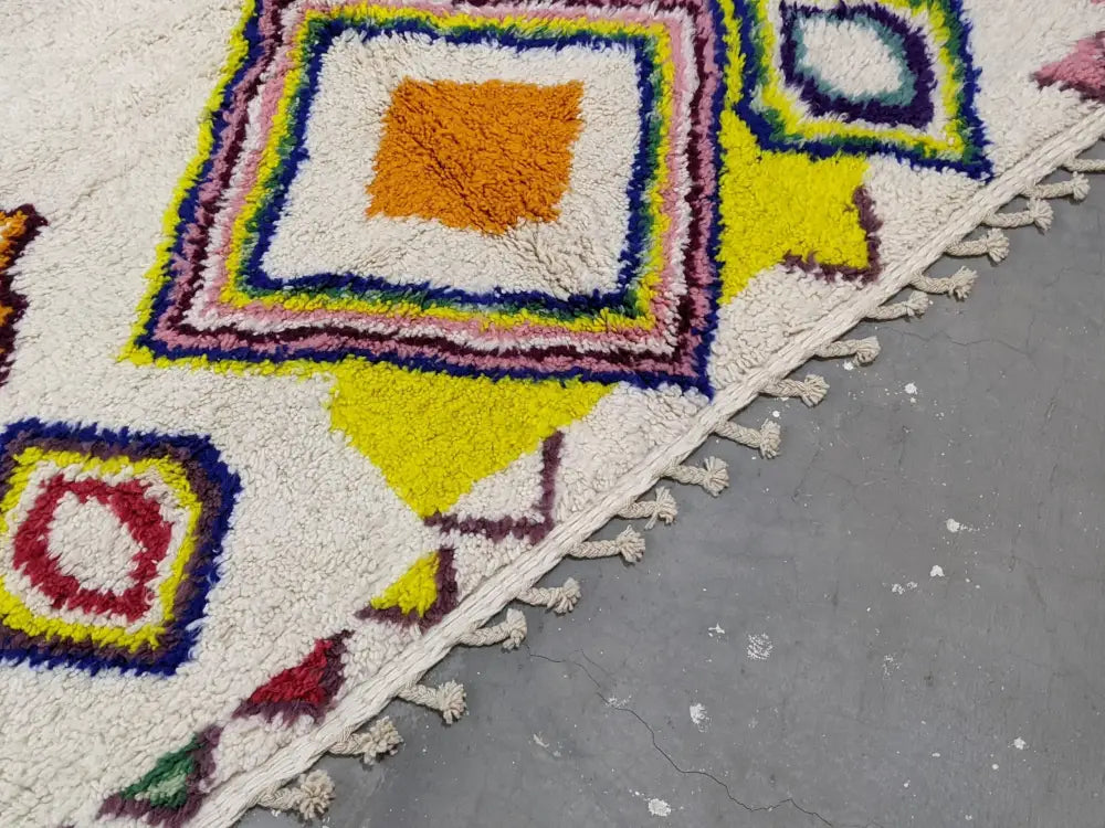 DecorBites™ moroccan handmade traditional azilal rug with vibrant geometric wool patterns in orange yellow blue red and purple
