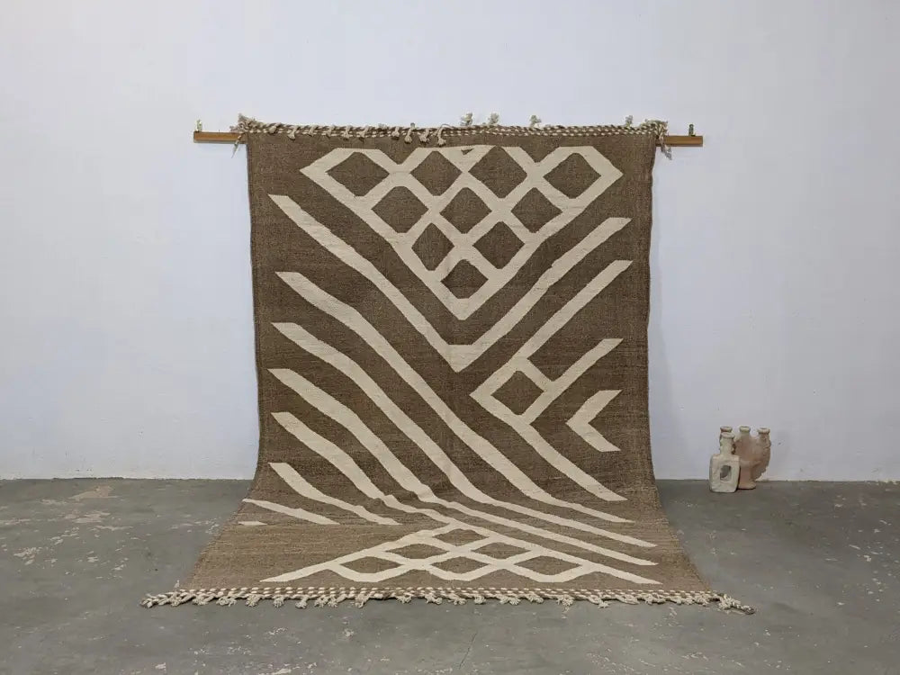 Brown and cream geometric patterned moroccan handmade traditional azilal rug with fringed edges 309 x 200 cm