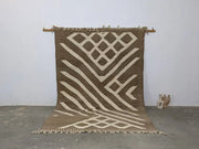 Brown and cream geometric patterned moroccan handmade traditional azilal rug with fringed edges 309 x 200 cm