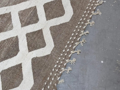 Brown and cream geometric patterned moroccan handmade traditional azilal rug with fringed edges 309 x 200 cm