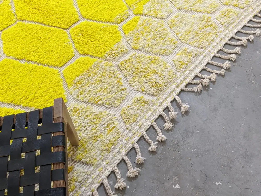 DecorBites™ moroccan handmade traditional azilal rug with vibrant yellow hexagonal pattern cream borders and tassels