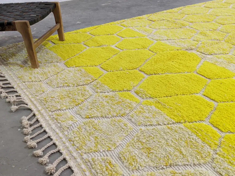 Vibrant yellow and cream moroccan handmade traditional azilal rug with plush pile and tasseled fringe 310 x 217 cm