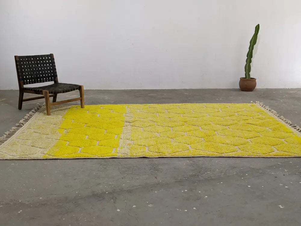Bright yellow and cream moroccan handmade traditional azilal rug with geometric pattern and fringed edges 310 x 217 cm