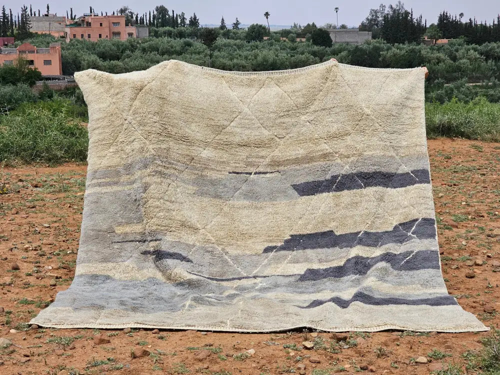 Beige and gray striped wool beni mrirt rug with textured hand-knotted design moroccan handmade traditional decor