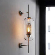 DecorBites™ Moroccan modern bathroom wall sconce with clear glass cylinder amber filament bulb and perforated metal shade