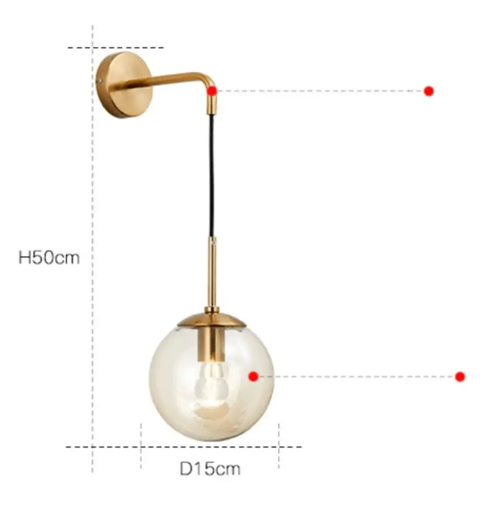 Gold-toned DecorBites Moroccan modern wall sconce with a spherical glass globe and slender brass arm lighting fixture