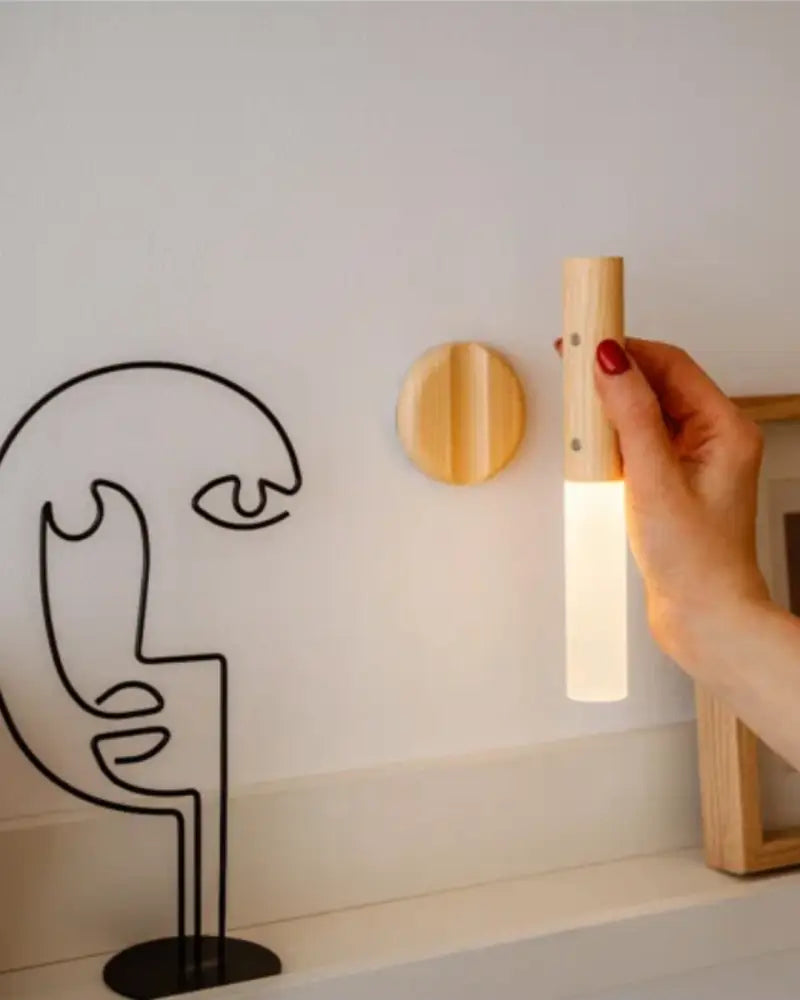 Minimalist wooden moroccan rechargeable battery operated wall sconce with cylindrical design and frosted glass diffuser