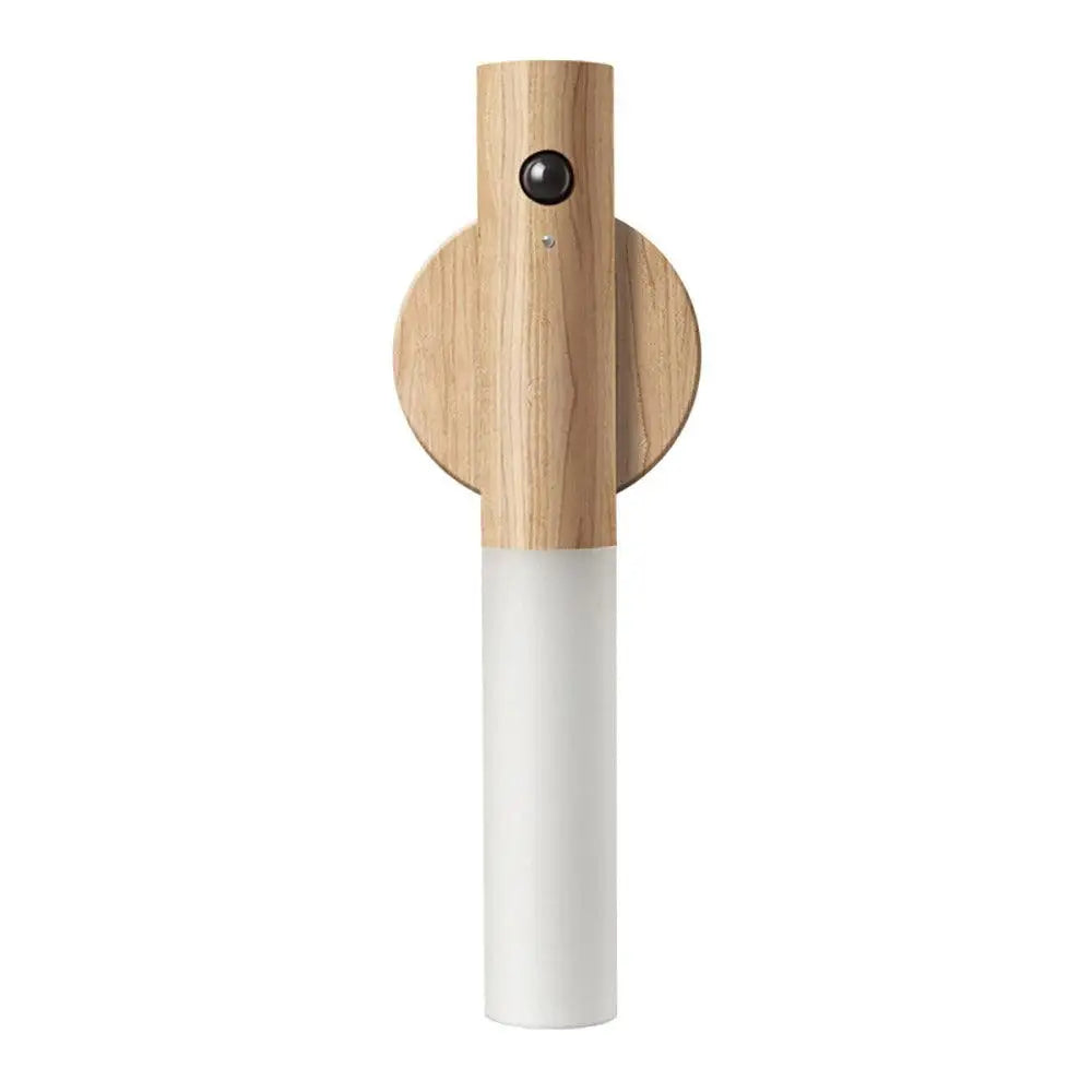 Minimalist decorbites™ moroccan rechargeable battery-operated wall sconce in wood and white with circular accent plate