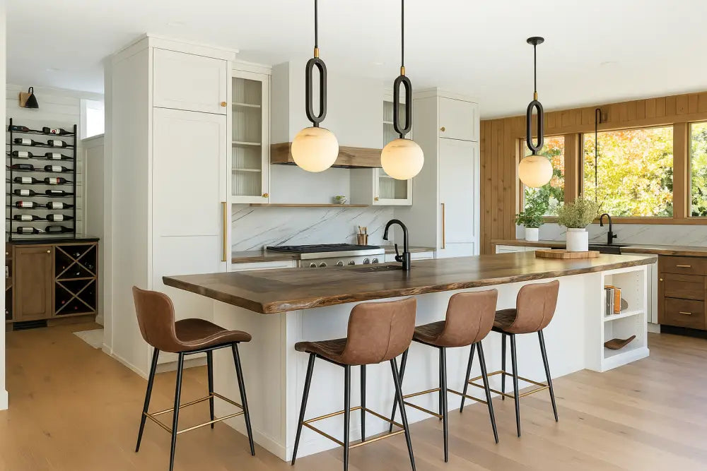 Brown leather bar stools with black metal legs and gold accents complementing decorbites™ white marble pendant light with led bulb