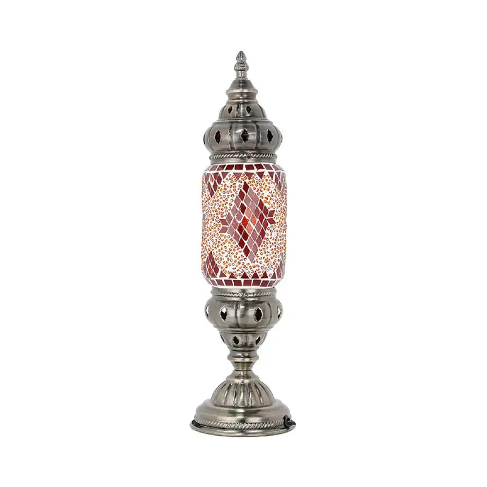 Decorbites™ mosaic glass night light with red and white geometric patterns and nickel finish metalwork for bedroom use
