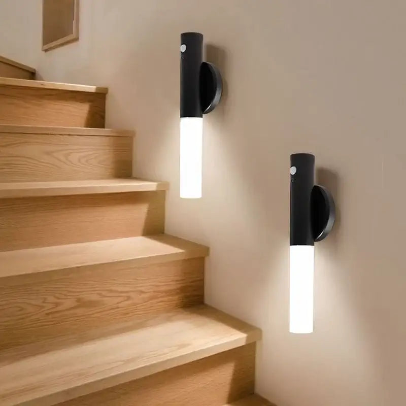 Decorbites™ motion sensor battery operated black wall lamp shown as stairway wall sconces with sensor battery operated feature
