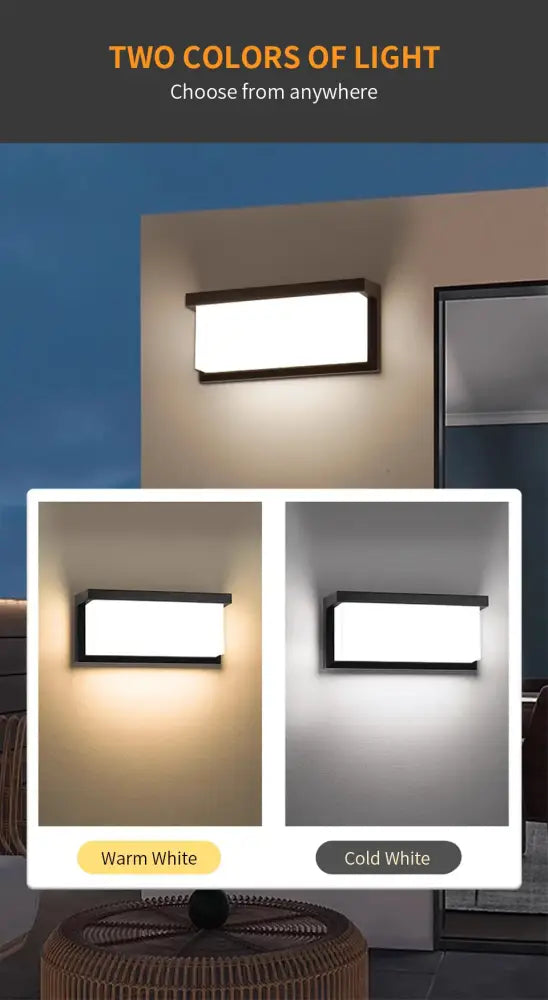 DecorBites™ modern outdoor wall light with sleek black frame motion sensor and bright white illuminated panel available in warm or cool white lighting options