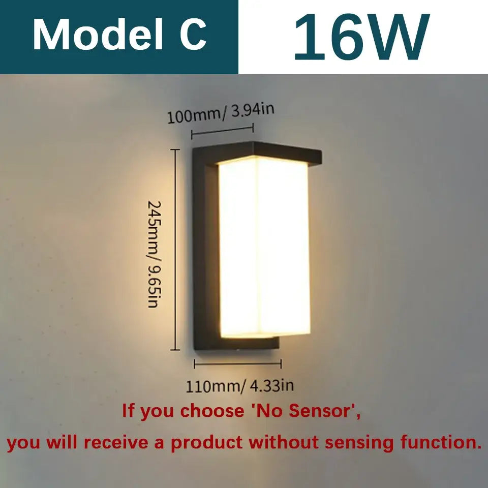 Decorbites™ motion sensor outdoor wall light with black rectangular frame and 16w warm white led panel wall light