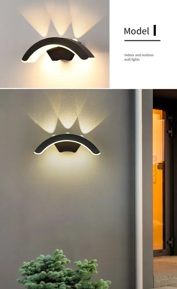 DecorBites™ modern black curved outdoor wall light with motion sensor and warm ambient glow waterproof design