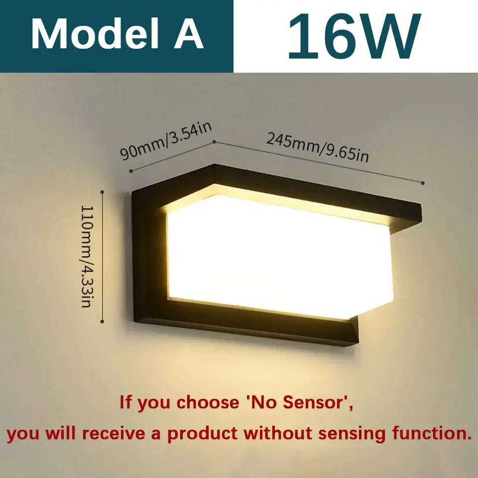 Black-framed 16w decorbites motion sensor outdoor wall light with rectangular illuminated panel for modern use