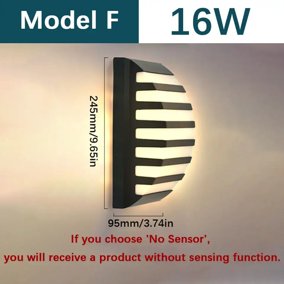 Decorbites™ black semi-circular motion sensor outdoor wall light with horizontal slats and warm led glow 16w model f