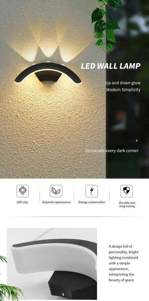 DecorBites™ black and white curved led outdoor wall light with motion sensor and modern minimalist design
